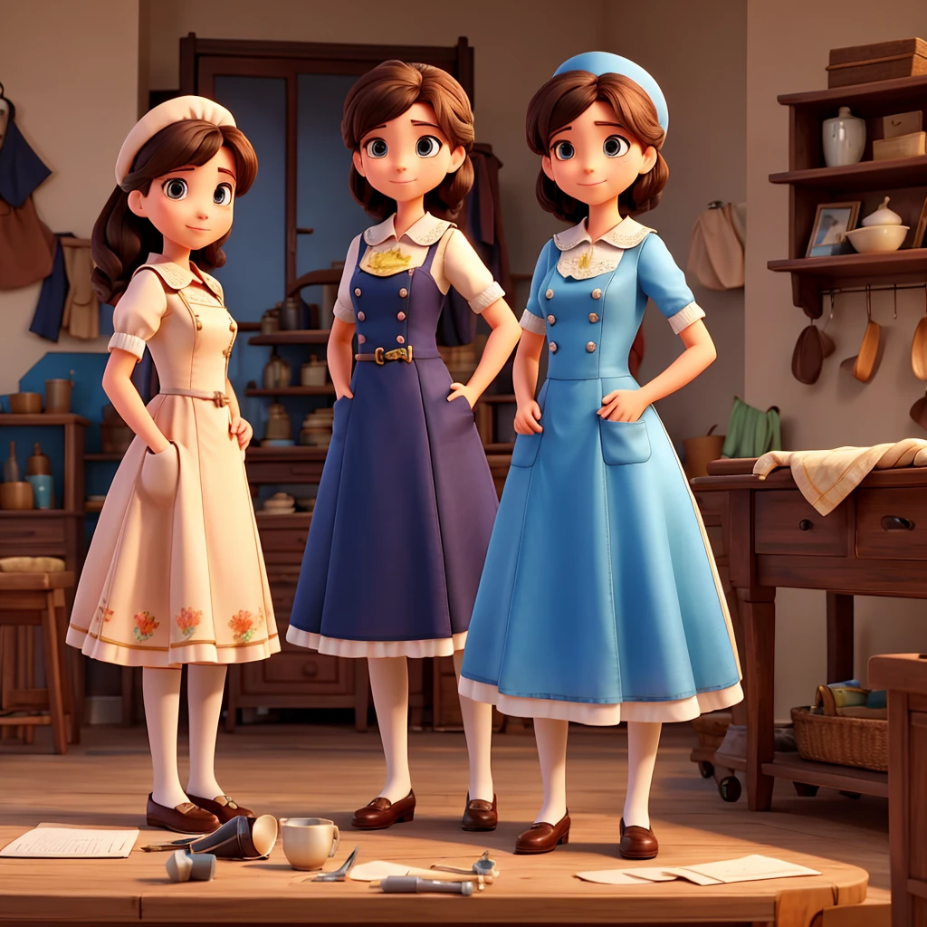 A tailor young woman standing behind a table and sew a dress. three kis standing next to her and watch what she is doing