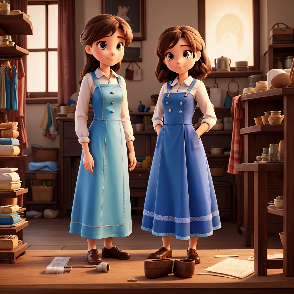 A tailor young woman standing behind a table and sew a dress. three kis standing next to her and watch what she is doing