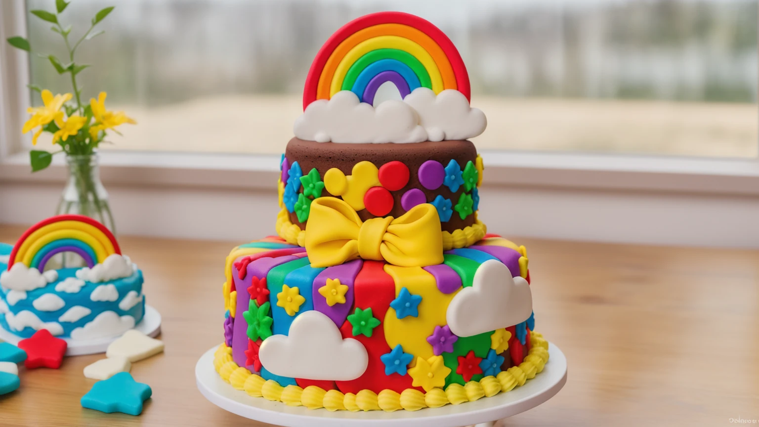 on a wooden table, two-tier cake on a white plate. chocolate cake. polymer clay cake decor, rainbow stripes, rainbow stars, white glazes made of polymer clay, Yellow bow, polymer clay rainbow, brown cream near a rainbow in the shape of clouds. на деревянном столе голубая сккатерть в клеточку на которой лежат rainbow stars и polymer clay rainbow. against the background of the kitchen, against the background of the window, Beautiful light from the window, Beautiful sunlight, bright lighting, there is a vase with a plant on a wooden table. Realistic style, realistic texture, detailed texture, high quality, A high resolution, macro photography, ultra hd 4k,