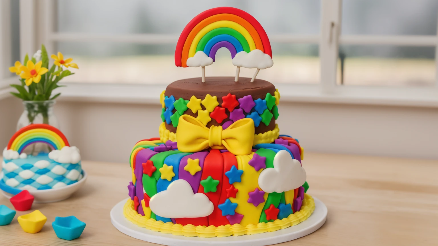 on a wooden table, two-tier cake on a white plate. chocolate cake. polymer clay cake decor, rainbow stripes, rainbow stars, white glazes made of polymer clay, Yellow bow, polymer clay rainbow, brown cream near a rainbow in the shape of clouds. на деревянном столе голубая сккатерть в клеточку на которой лежат rainbow stars и polymer clay rainbow. against the background of the kitchen, against the background of the window, Beautiful light from the window, Beautiful sunlight, bright lighting, there is a vase with a plant on a wooden table. Realistic style, realistic texture, detailed texture, high quality, A high resolution, macro photography, ultra hd 4k, 