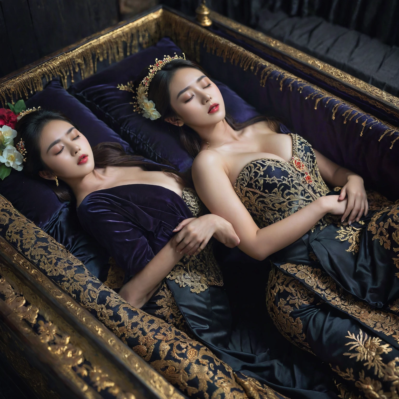 In a striking 8K HDR scene, a stunning Korean woman, 22 years old, lies peacefully in a black coffin surrounded by plush pillows. The deep box is set against a rich black background, accentuating the beauty of the subject. Her exquisite kebaya attire is embroidered with superb detail, showcasing her round and firm breasts, perfect cleavage, and beautiful eyebrows. Her closed eyes and mouth give an air of serenity, while her visible and absolute cleavage leave nothing to imagination. The scene is bathed in saturated colors, highlighting every intricate aspect from the ball skirt to her clean face.