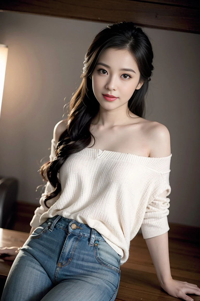 best quality, masterpiece, beautiful and aesthetic, 16K, (HDR:1.4), high contrast, bokeh:1.2, lens flare, (vibrant color:1.4), (muted colors, dim colors, soothing tones:0), cinematic lighting, ambient lighting, sidelighting, Exquisite details and textures, cinematic shot, Warm tone, (Bright and intense:1.2), wide shot, by playai, ultra realistic illustration, siena natural ratio, anime style, a picture from a high angle, a view from above, long Straight black hair with blunt bangs, (a charming smile:1), Gray bracelet, a oversized off-shoulder pink an oversized T-shirt,Bangs to eyebrows、Beautiful brown hair、Beautiful and delicate eyes、Brown eyes、Raise an eyebrow、Bangs to eyebrows、Beautiful brown hair、Beautiful and delicate eyes、Brown eyes、Raise an eyebrow、High Nose、Small nostril、Little mouth、Tempting lips、Mouth slightly open、Beautiful breasts、Full body、Oval face,Phoenix Eyes,Eyebrow, Double eyelids, Long eyelashes, A faint smile, jeans, playing Gibson bass guitar, a sexy instagram Hot Swiss model, with a tattoo, oversized clevage, Broken Glass effect, no background, stunning, something that even doesn't exist, mythical being, energy, molecular, textures, iridescent and luminescent scales, breathtaking beauty, pure perfection, divine presence, unforgettable, impressive, breathtaking beauty, Volumetric light, auras, rays, vivid colors reflects.
