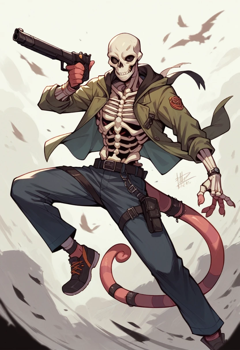 Skeleton chameleon holding a gun