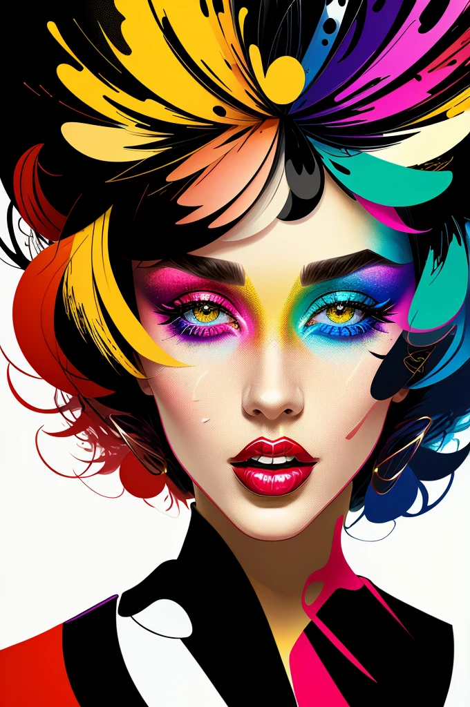 Create a digital work of art in pop art style, featuring a vibrant, confident woman with bold makeup and colorful fashion, Cinematic color scheme, surrounded by abstract flower patterns, energetic brushstrokes,Humor must be dynamic.