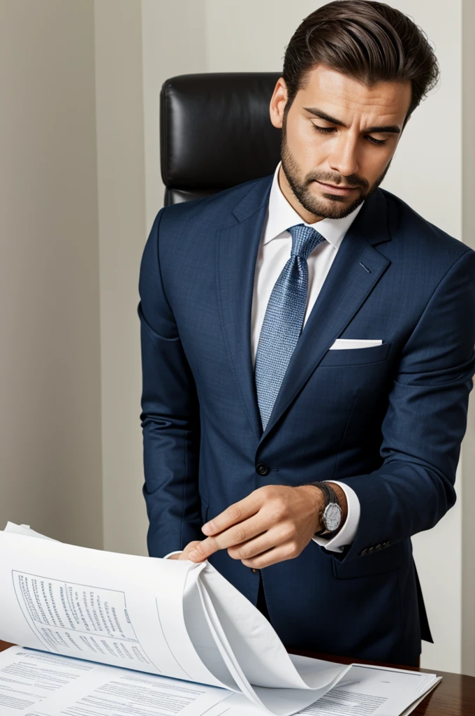 Image of a man in a suit who forgot to hand in the report and touches his head with a sheet in his hand that says activity report
