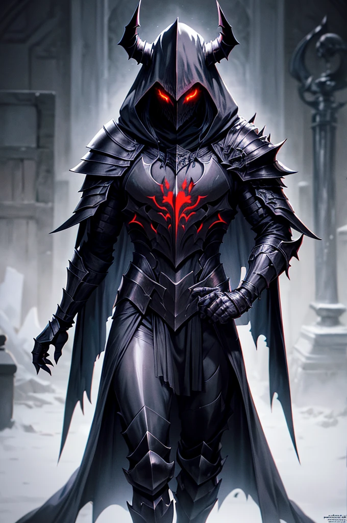 Male, demon knight, black fur cloak, hood over head,  wearing pitch black plate armor that has sharp features, 4k, masterpiece, high res, wearing a helmet, death knight, muscular build, evil looking, full body view, necromancer, red glowing eyes, riding a armored black warhorse, mysterious vibe, shadow aura
