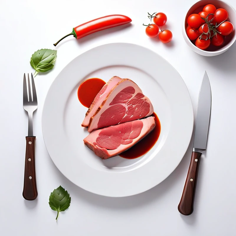 no humans, food focus, food, still life, meat, white background, simple background, knife, plate