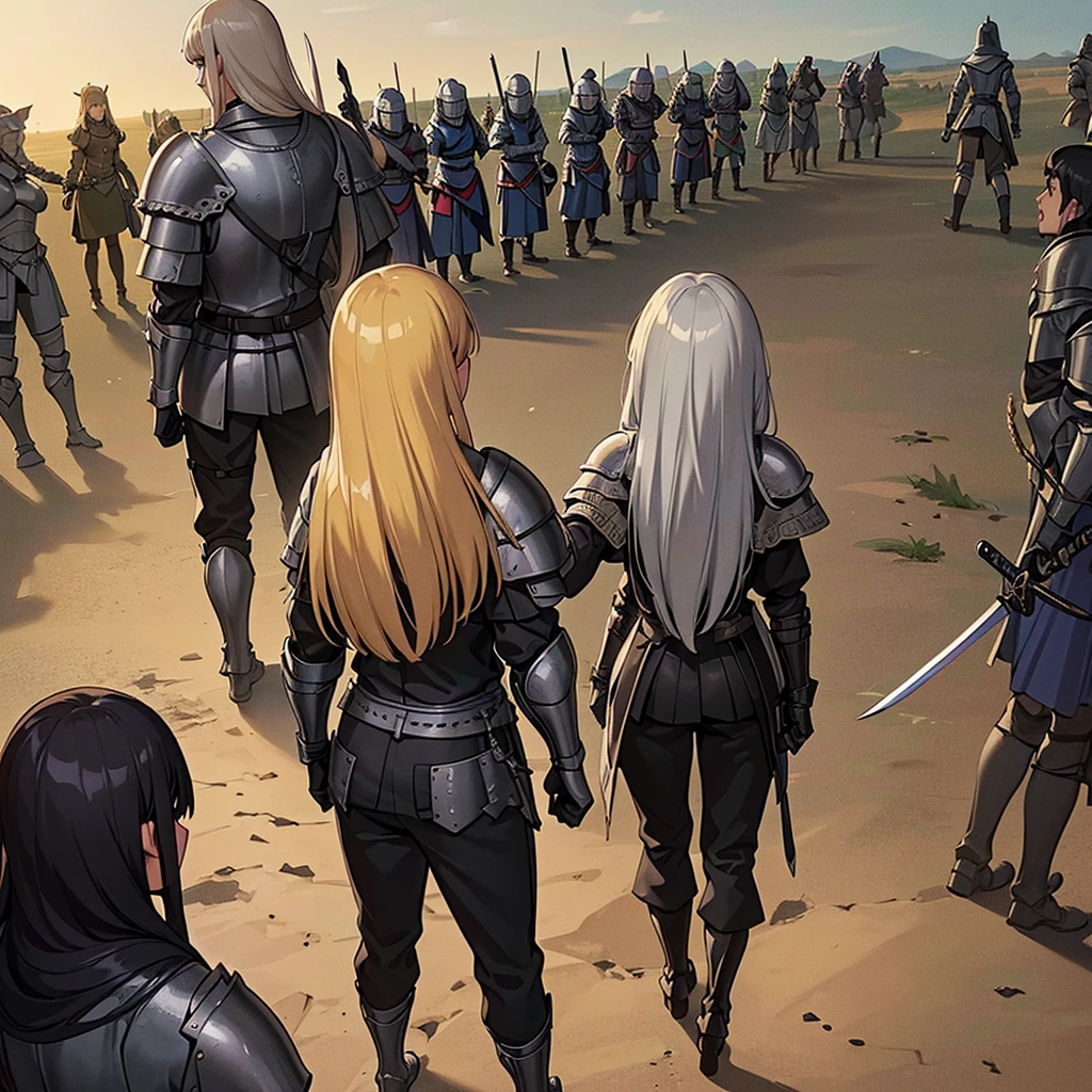 Best illustrations、Best Quality、(((Simple grey armor、Black trousers、Black gloves、woman、18-year-old、Blonde、Long Hair)))、(((Grab the sword、Get Ready)))、(Old ruins、desert。Grass)、Fall to the floor、(Black, muddy swamp)、(中世の騎士が10 people)、(get annoyed、anxiety、impatience、Open your mouth、shout)、(lots of medieval knights、10 people)、battlefield、(From the back、Back view、back view)
