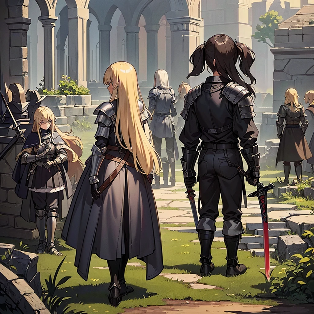 Best illustrations、Best Quality、(((Simple grey armor、Black trousers、Black gloves、woman、18-year-old、Blonde、Long Hair)))、(((Grab the sword、Get Ready)))、(Old ruins、desert。Grass)、Fall to the floor、(Black, muddy swamp)、(中世の騎士が10 people)、(get annoyed、anxiety、impatience、Open your mouth、shout)、(lots of medieval knights、10 people)、battlefield、(From the back、Back view、back view)
