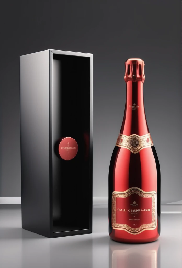 Luxury champagne bottle with a letterless, red-wrapped design

The champagne bottle is all red from the cork to the bottom of the bottle



next to the black case that holds the luxury champagne bottle



ultra-luxury feeling

8k