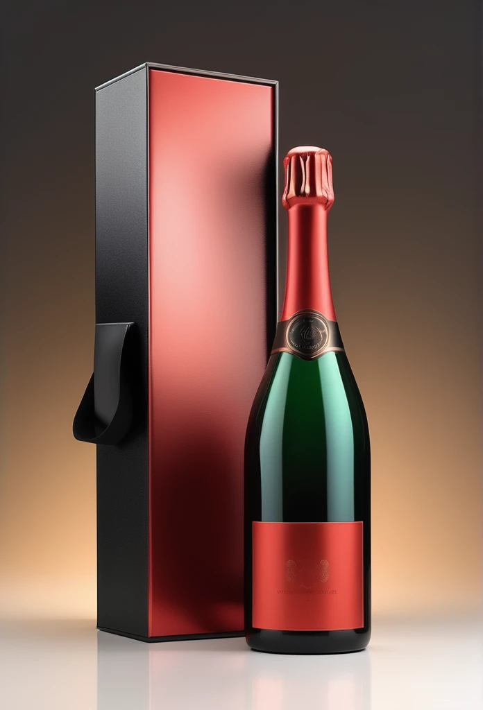 Luxury champagne bottle with a letterless, red-wrapped design
The champagne bottle is all red from the cork to the bottom of the bottle
next to the black case that holds the luxury champagne bottle
ultra-luxury feeling
8k