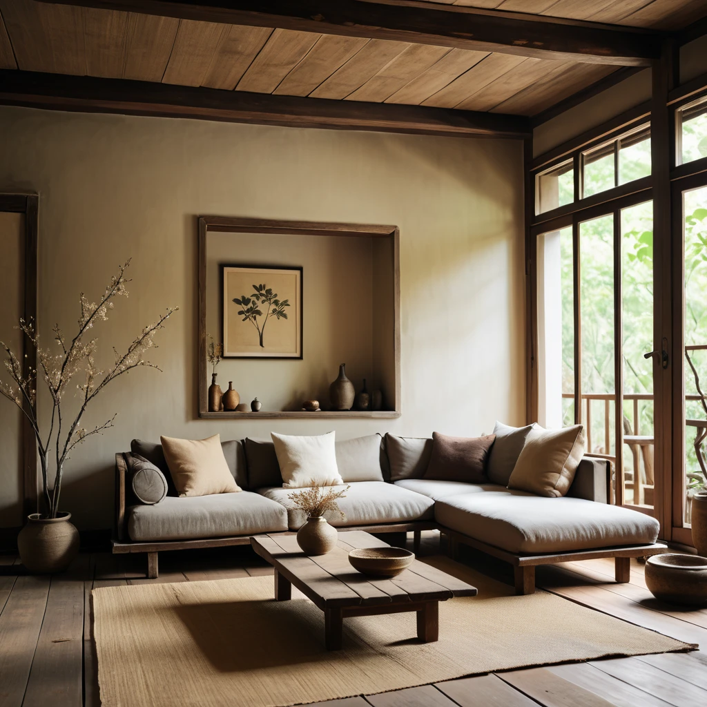 cinematic photo,mrares, ((wabi-sabi style:1.5)), (wabi-sabi_style:1.5), (Zen:1.5),(wabi-sabi elements:1.3), traditional living room, simple style, living room, home, wooden floor, there is a sofa placed in the space, wide angle,long-focus,depth of field, . 35mm photograph, film, bokeh, professional, 4k, highly detailed