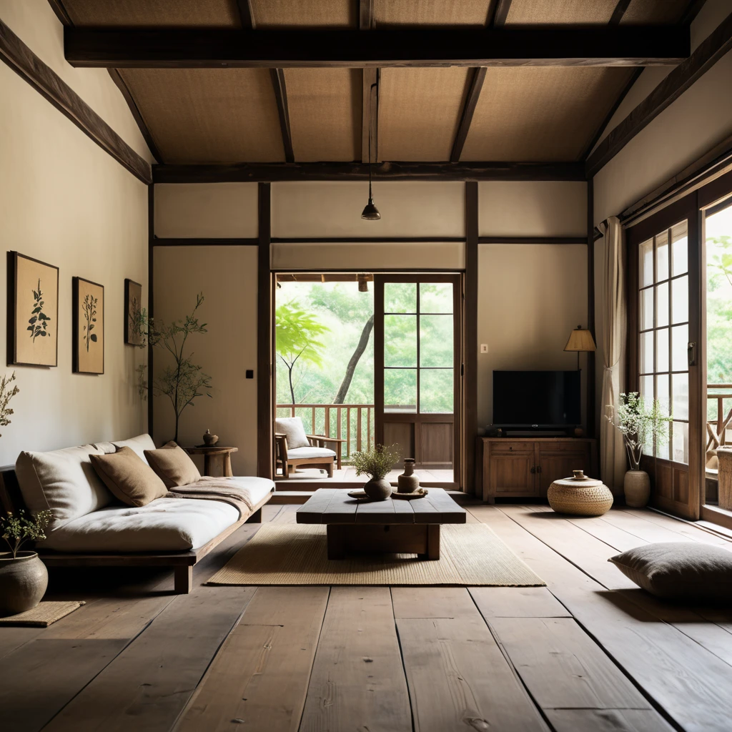 cinematic photo,mrares, ((wabi-sabi style:1.5)), (wabi-sabi_style:1.5), (Zen:1.5),(wabi-sabi elements:1.3), traditional living room, simple style, living room, home, wooden floor, there is a sofa placed in the space, wide angle,long-focus,depth of field, . 35mm photograph, film, bokeh, professional, 4k, highly detailed