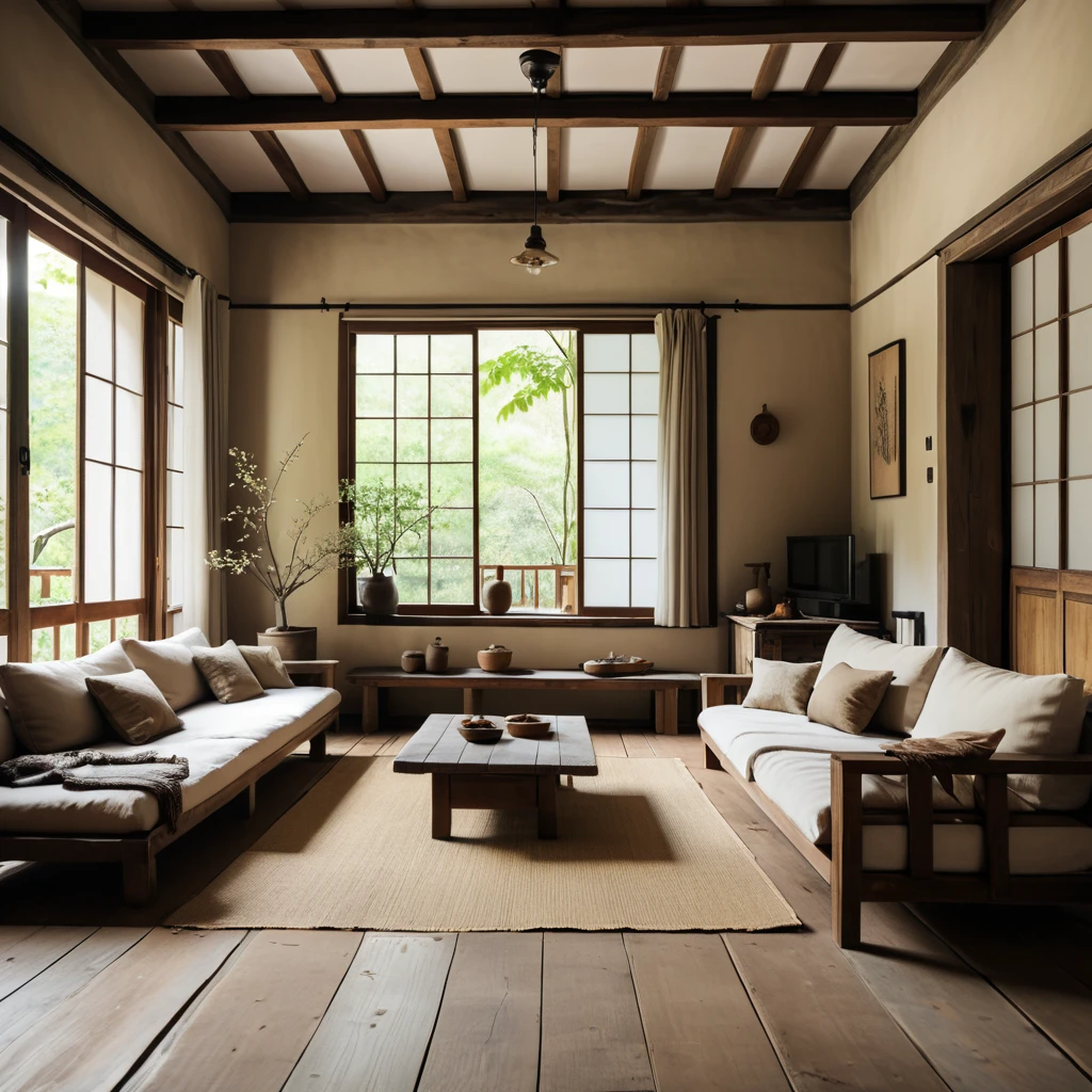cinematic photo,mrares, ((wabi-sabi style:1.5)), (wabi-sabi_style:1.5), (Zen:1.5),(wabi-sabi elements:1.3), traditional living room, simple style, living room, home, wooden floor, there is a sofa placed in the space, wide angle,long-focus,depth of field, . 35mm photograph, film, bokeh, professional, 4k, highly detailed