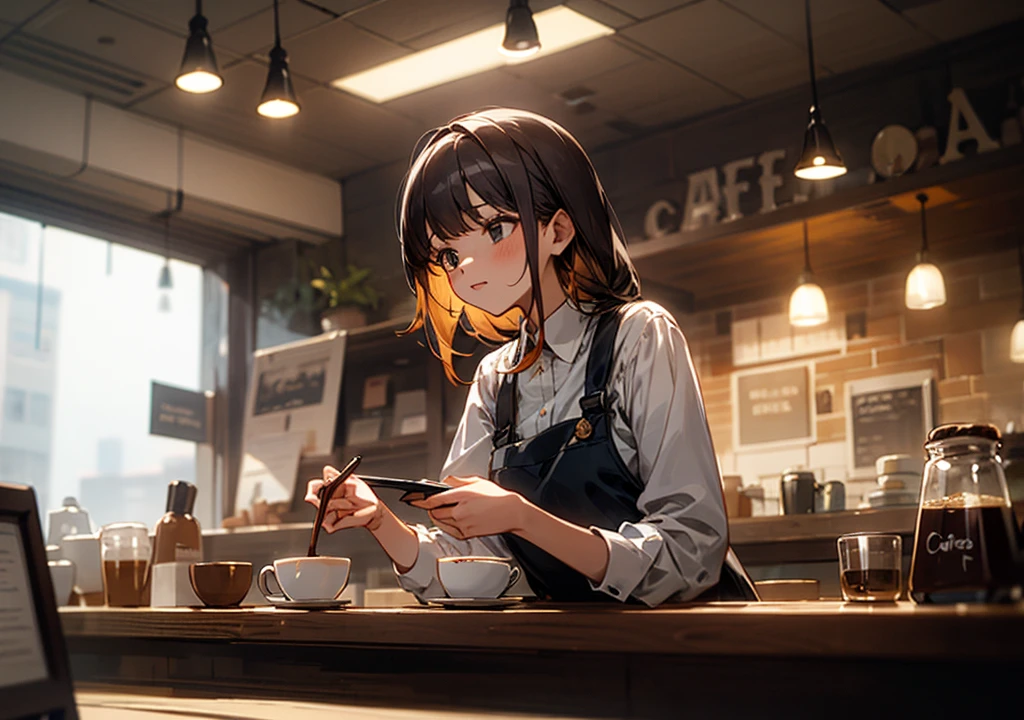 A girl working in a cafe with a cup of coffee　