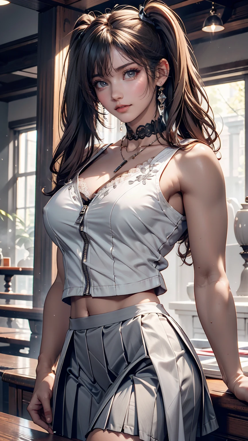 24-year-old female、Silver Hair、Twin tails、Sexy、Sexy proportions、High neck zipper up top with lace embellishment、Lower milk visible、Mini length pleated skirt、Choker with lace embellishment