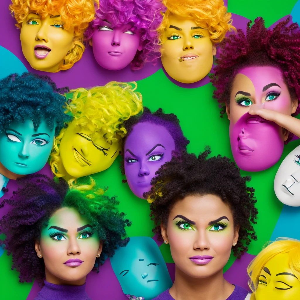 A group of people with exaggerated expressions reflecting different negative stereotypes: a stern boss with an angry face holding a clipboard (colored in purple), an overly concerned person with a worried look carrying a stack of self-help books (colored in green), a dreamy individual with a vacant expression and floating thought bubbles (colored in blue), a cold and logical person with a detached stare surrounded by equations (colored in yellow), and an impulsive adventurer with wild hair and a mischievous grin (colored in a mix of all four colors). The background should be bold and vibrant, with dramatic lighting that highlights their expressions. Each character should be set against a backdrop in their respective colors, creating a striking, eye-catching composition perfect for a thumbnail.