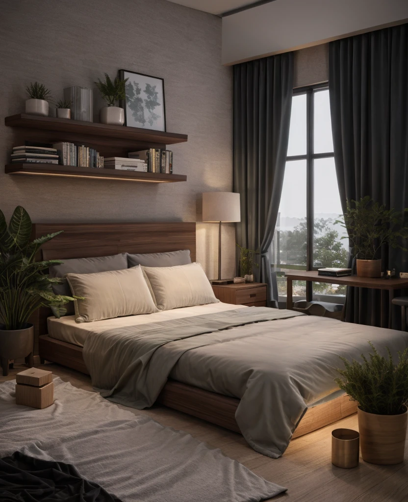 modern bedroom, cenery, indoors, window, lamp, bed, table, curtains, pillow, couch, chair, cup, bedroom, television, blanket, box, mirror, cabinet,  no humans, wooden floor, cinematic lighting, 3dsmax, vray,RAW photo, 8k uhd, dslr, soft lighting, high quality, film grain, Fujifilm XT3

