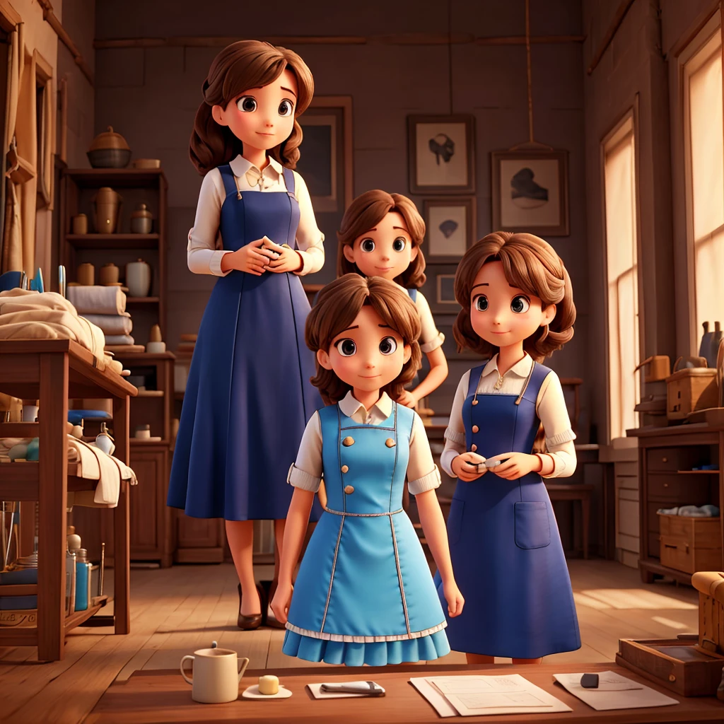A tailor young woman standing behind a table and sew a dress. three kis standing next to her and watch her