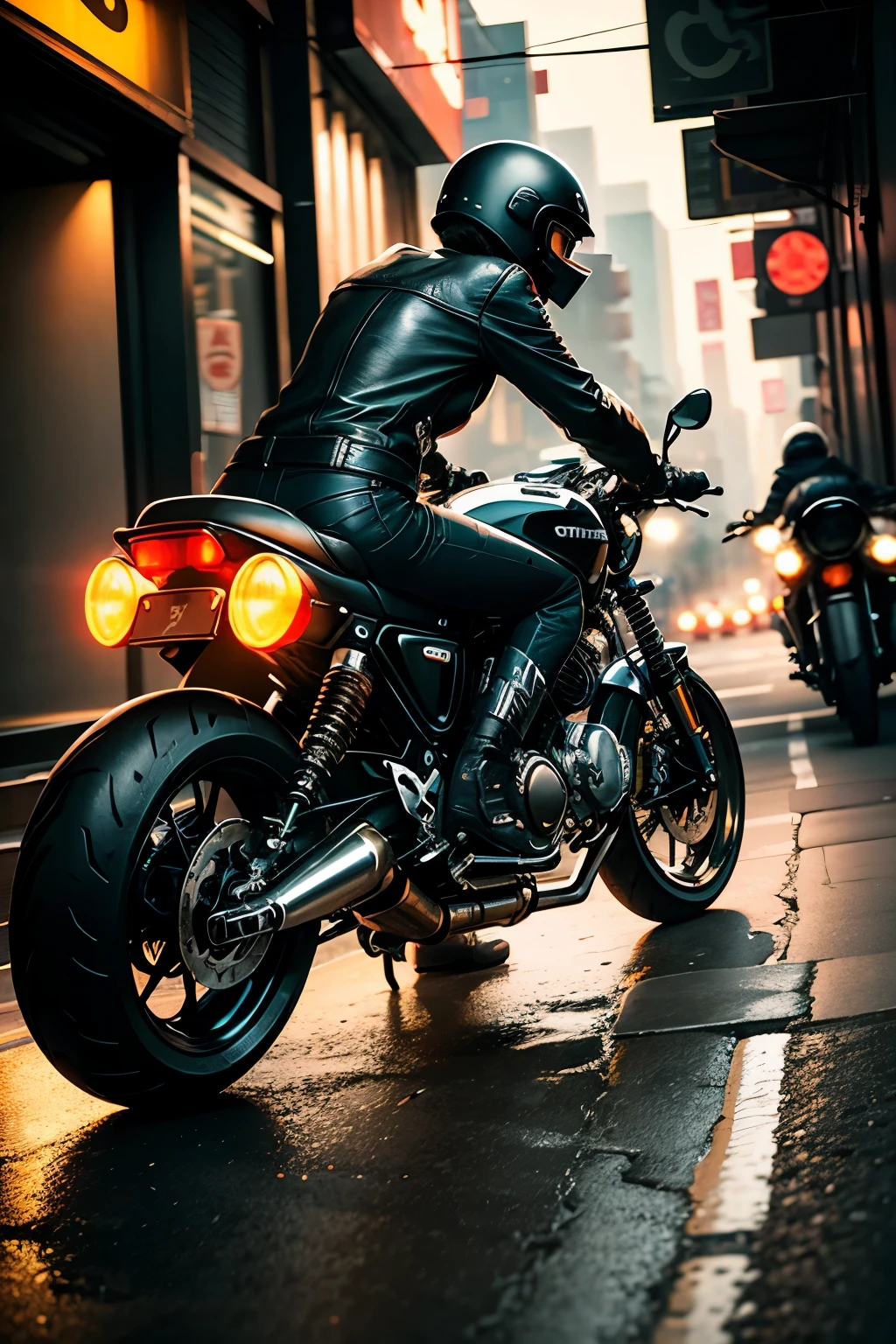 Cafe racer motorcycle, with its sleek silhouette and polished chrome, gleams under the neon lights of a dimly lit urban alley. The engine roars with an untamed energy, its exhaust pipes releasing thick plumes of smoke that dance in the cool night air. A lone figure, dressed in leather and goggles, clings tightly to the handlebars, leaving a trail of gravel in their wake. The motorcycle is a testament to speed and style, a symbol of rebellion and freedom in the heart of the city.