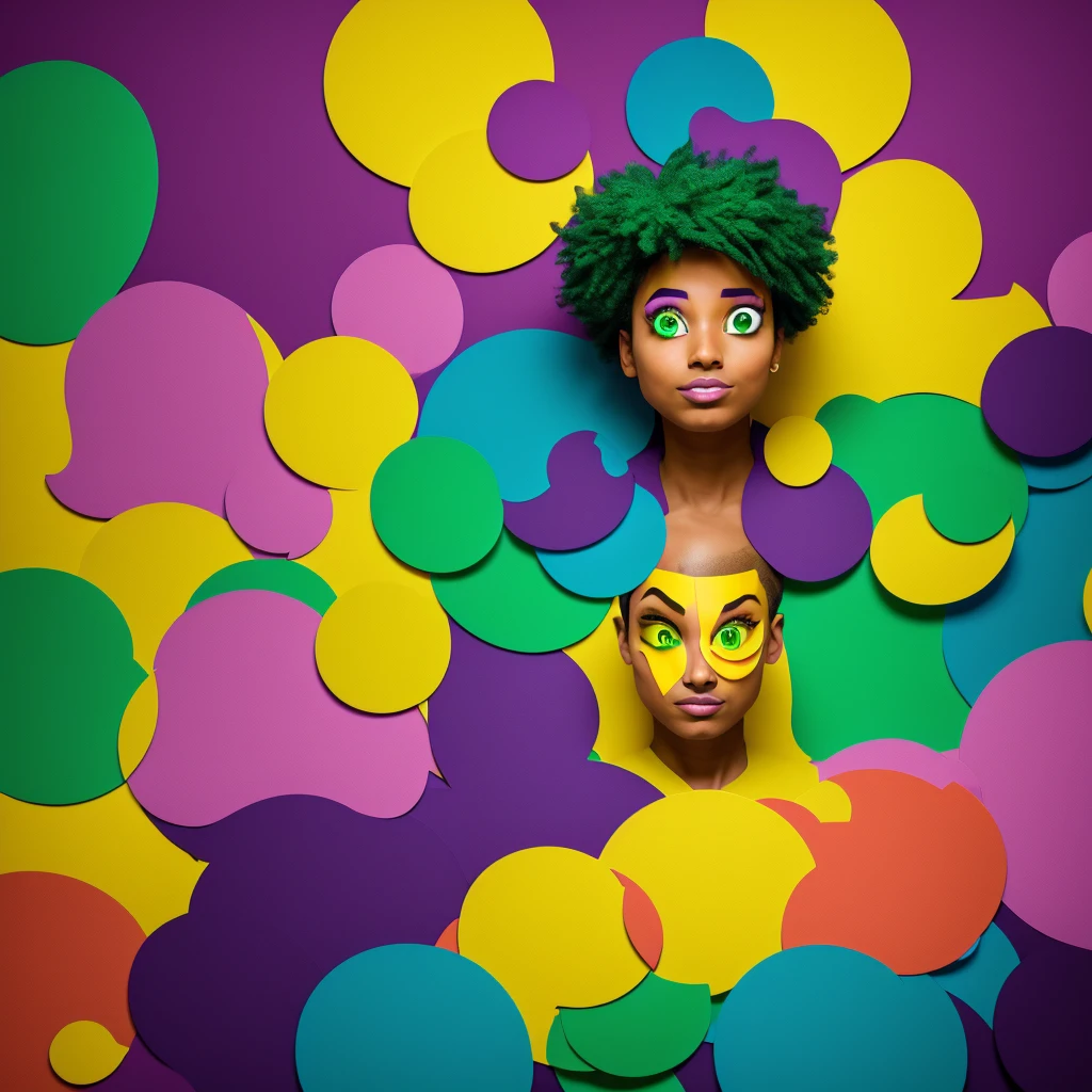 A group of people with exaggerated expressions reflecting different negative stereotypes: a stern boss with an angry face holding a clipboard (colored in purple), an overly concerned person with a worried look carrying a stack of self-help books (colored in green), a dreamy individual with a vacant expression and floating thought bubbles (colored in blue), a cold and logical person with a detached stare surrounded by equations (colored in yellow), and an impulsive adventurer with wild hair and a mischievous grin (colored in a mix of all four colors). The background should be bold and vibrant, with dramatic lighting that highlights their expressions. Each character should be set against a backdrop in their respective colors, creating a striking, eye-catching composition perfect for a thumbnail.