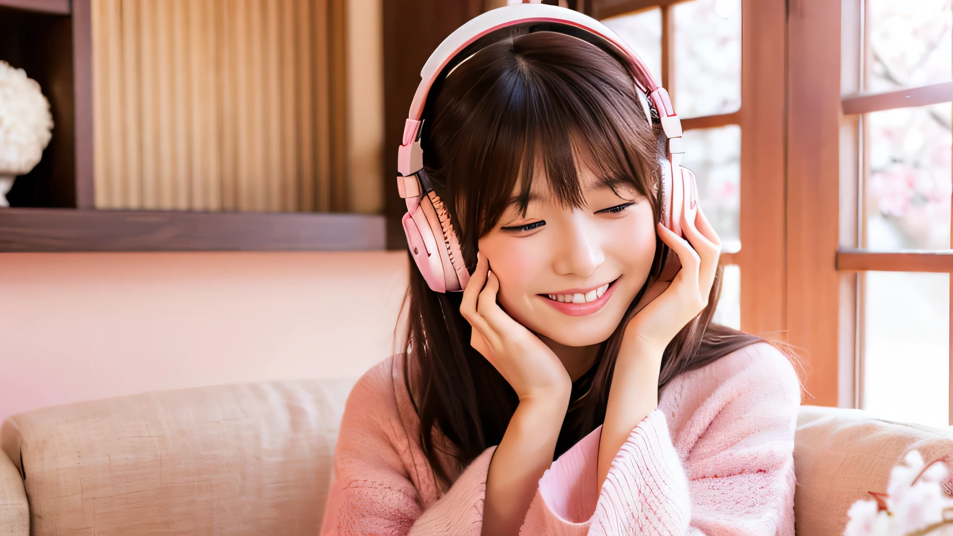 "Create a high-quality 16:9 image featuring a Japanese woman in a room during April, with cherry blossoms and pink hues as the main theme. The scene should be cozy and emotional. The room should have a window with sakura scenery visible outside, a bed, and sakura-colored walls. The woman, with long semi-long black hair, is listening to music with headphones, dressed in casual sakura-colored room wear. She has a bright smile and looks cheerful. Sakura petals should be gently falling around her."