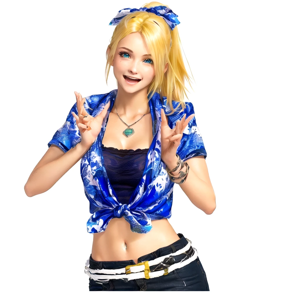 she's European, blonde hair, olive green eyes, (eyes turned to look at the camera), swedish, as a character in Out Run 2, of SEGA, 3D CG from the 2000s, Clarissa, 2k, 2 k, (( happy surprised face)), realistic, render of april, fighting game character, nina from tekken, bright clean face, from devil may cry, hawaiian shirt, no bra, foulard tied on her head, ready to clap her hands, happy wide open eyes, open mouth as to shout "Bravo!",