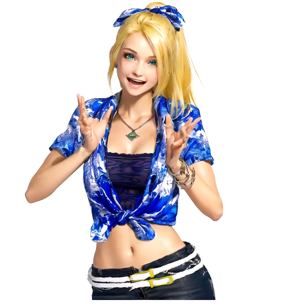 she's European, blonde hair, olive green eyes, (eyes turned to look at the camera), swedish, as a character in Out Run 2, of SEGA, 3D CG from the 2000s, Clarissa, 2k, 2 k, (( happy surprised face)), realistic, render of april, fighting game character, nina from tekken, bright clean face, from devil may cry, hawaiian shirt, no bra, foulard tied on her head, ready to clap her hands, happy wide open eyes, open mouth as to shout "Bravo!",