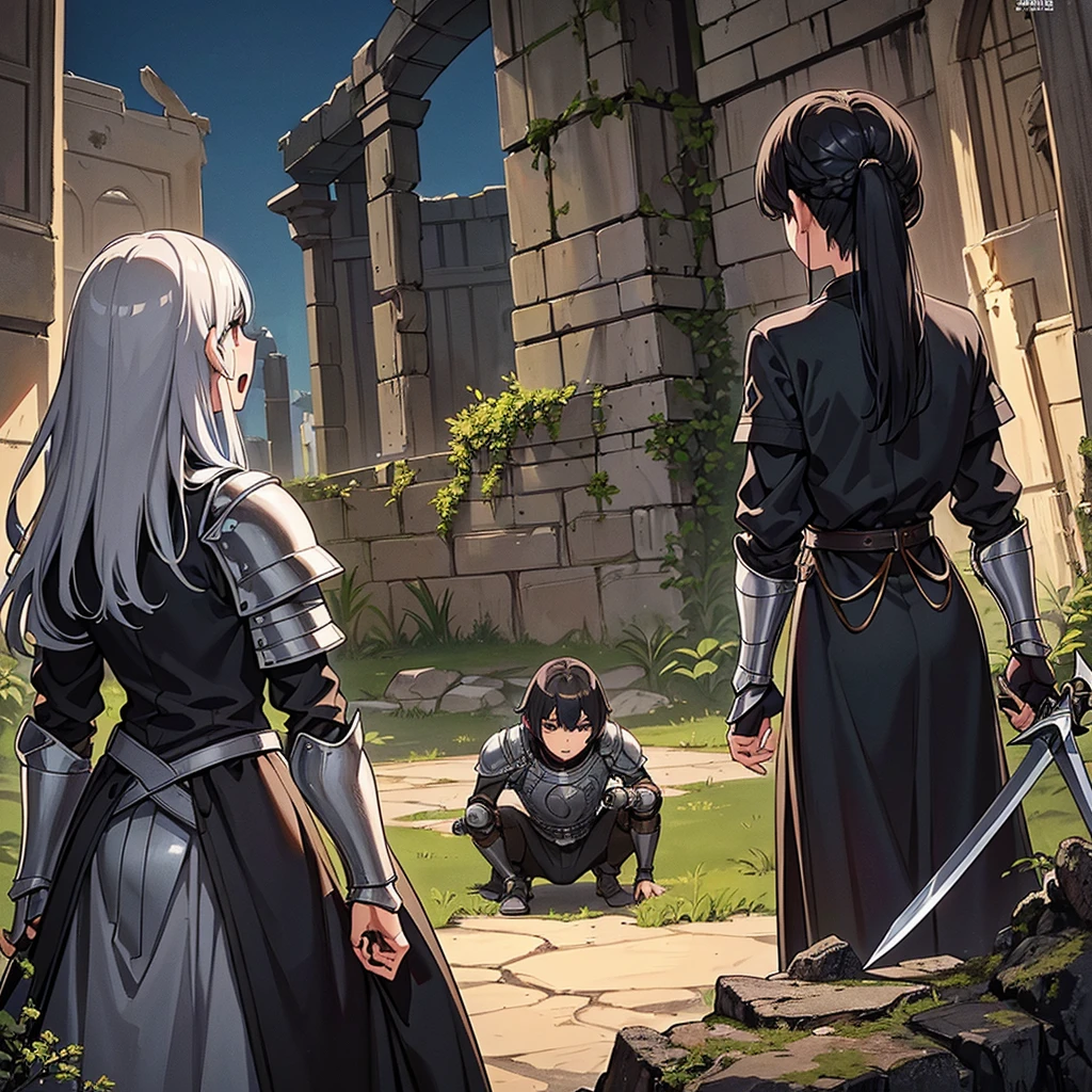 Best illustrations、Best Quality、(((Simple grey armor、Black trousers、Black glover.々Hairstyle、Mr.々Hair color)))、(((Grab the sword、Get Ready)))、(Old ruins、desert。Grass)、Fall to the floor、(Black, muddy swamp)、(中世の騎士が10 people)、(get annoyed、anxiety、impatience、Open your mouth、shout)、(lots of medieval knights、10 people)、battlefield、(From the back、Back view、back view)