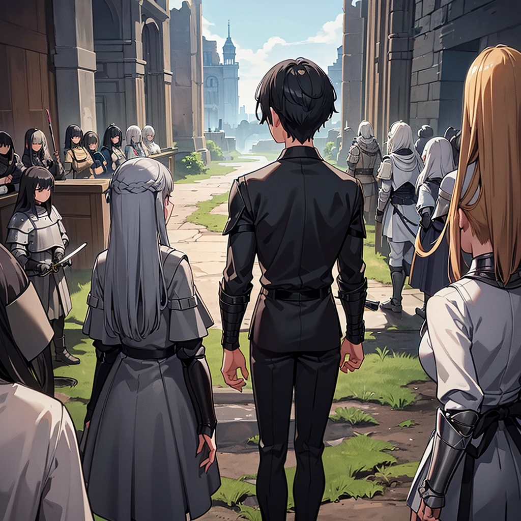 Best illustrations、Best Quality、(((Simple grey armor、Black trousers、Black glover.々Hairstyle、Mr.々Hair color)))、(((Grab the sword、Get Ready)))、(Old ruins、desert。Grass)、Fall to the floor、(Black, muddy swamp)、(中世の騎士が10 people)、(get annoyed、anxiety、impatience、Open your mouth、shout)、(lots of medieval knights、10 people)、battlefield、(From the back、Back view、back view)