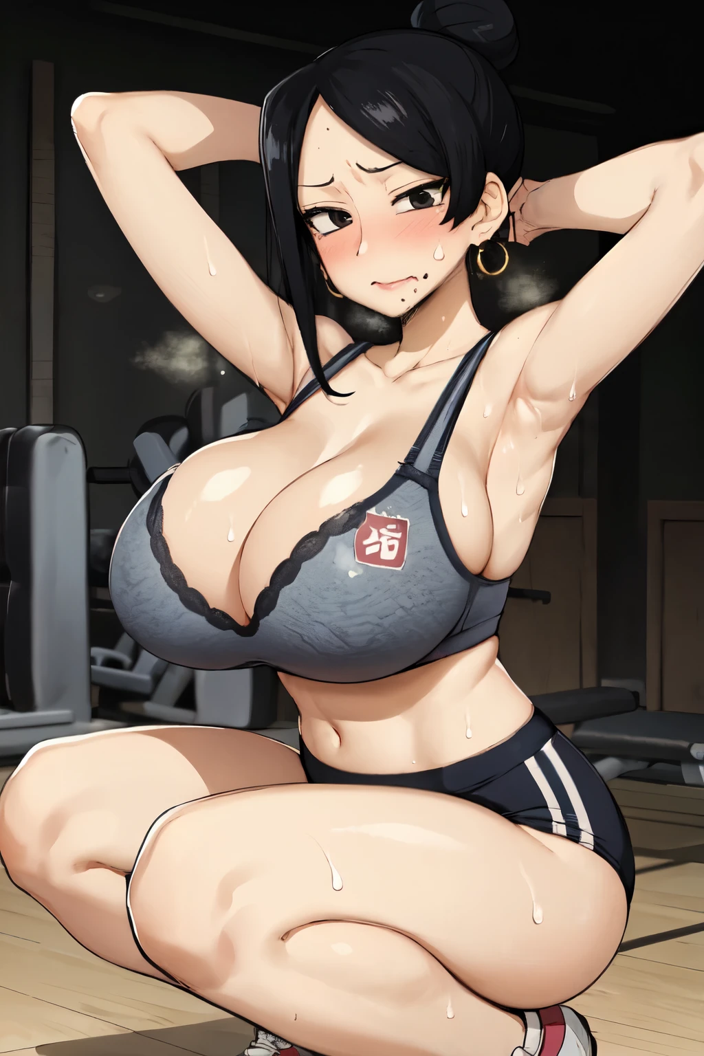 masterpiece, best quality,1girl, Takizawa, 独奏, black eyes, black hair,  single hair bun, blush,armpits, arms behind head, arms up,  huge breasts, round breasts,big tits,slender,earrings, mature female,  mole under mouth,  sleeveless,  Sweatdrop,gym uniforms,sweat,bra under the uniforms,clothed bra, cleavage,breast focus,wide tits,wide ass,Squat,Fatigue