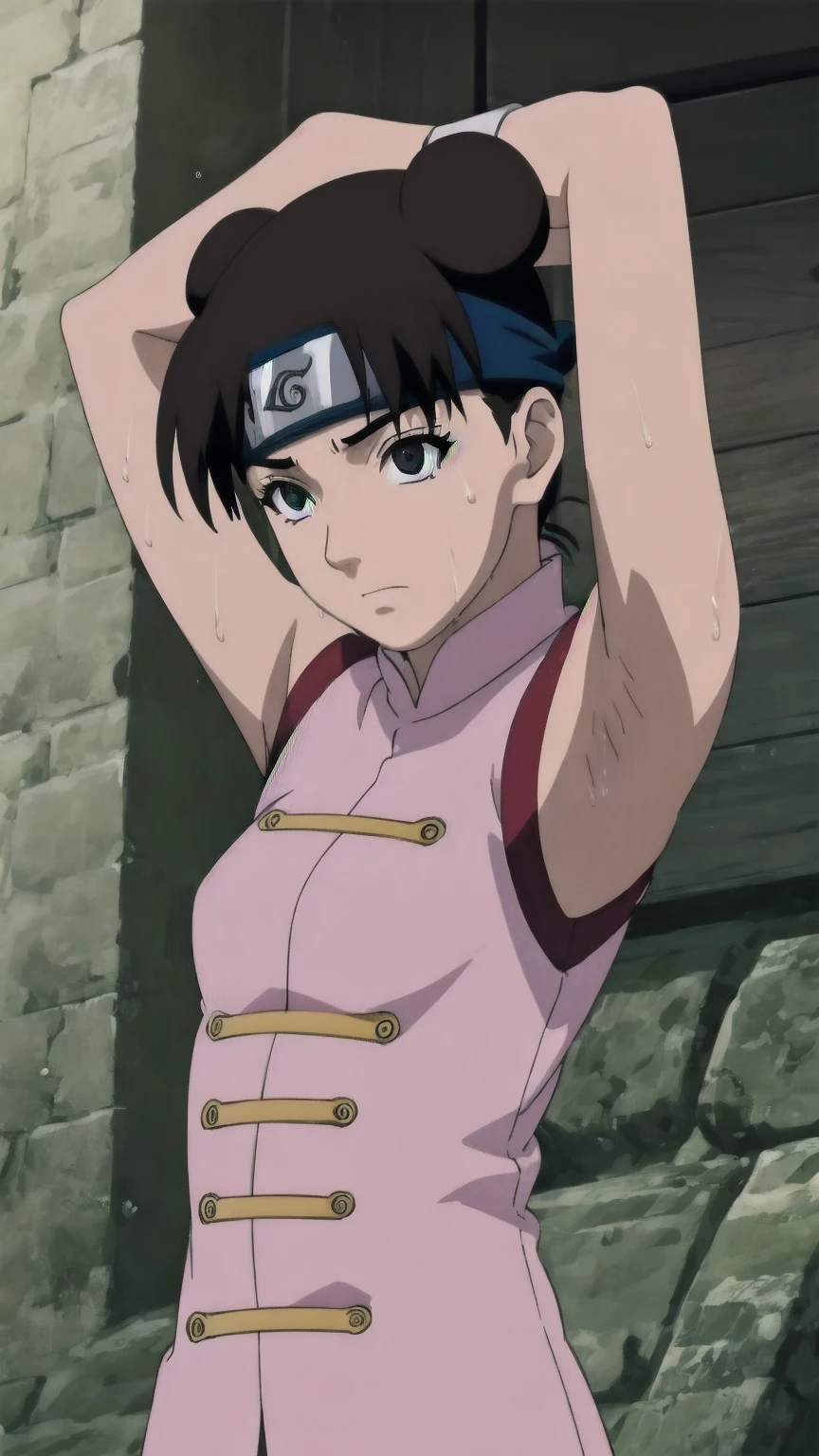 Tenten,solo,armpits,wet armpits, showing wet armpits, tired,exhausted,arms up,arm warmers,sleeveless, medium breasts, nude, naked, tits 