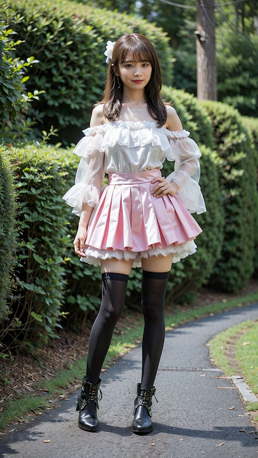 (8K、RAW Photos、Highest quality、masterpiece:1.2)、(Highest quality、Realistic)、1 Girl、((Frills、See-through、Off the shoulder、tights、pink and black mini skirt、Thin legs、whole body、boots、garden、View from the front、Looking into the camera、Ribbon Idol Costume、、Stand with hands on hips))、cute