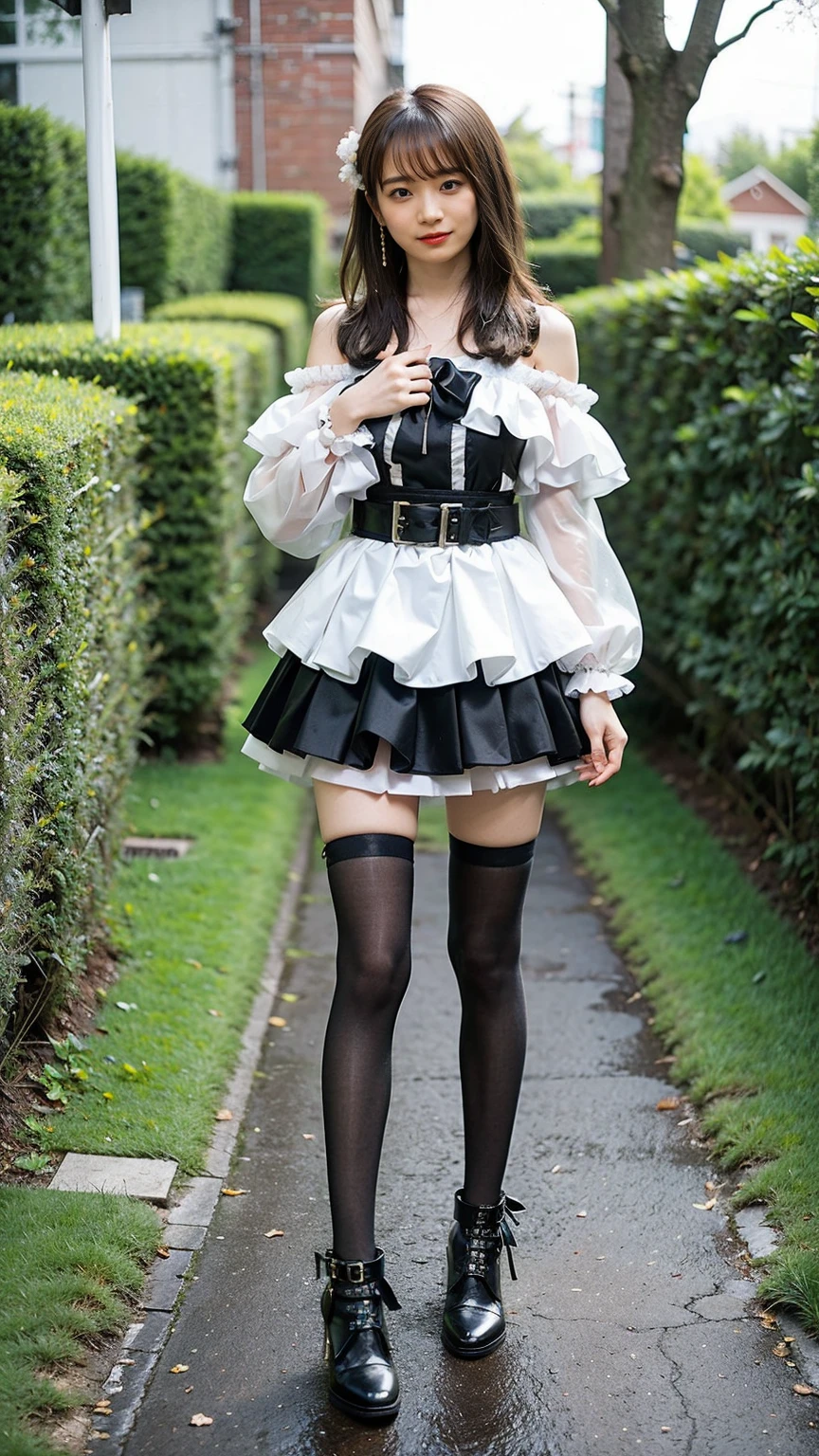 (8K、RAW Photos、Highest quality、masterpiece:1.2)、(Highest quality、Realistic)、1 Girl、((Frills、See-through、Off the shoulder、tights、pink and black mini skirt、Thin legs、whole body、boots、garden、View from the front、Looking into the camera、Ribbon Idol Costume、、Stand with hands on hips))、cute