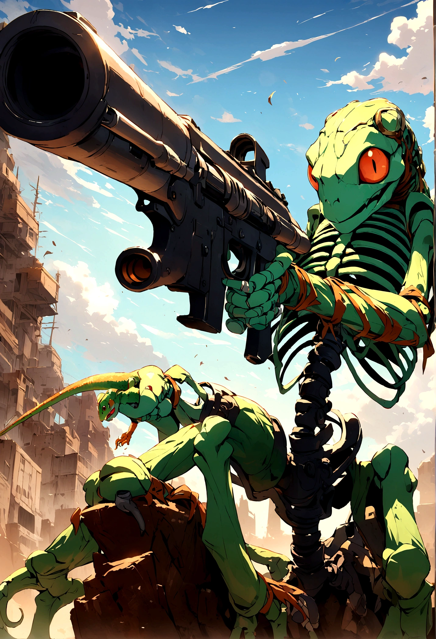 Skeleton chameleon riding a gun