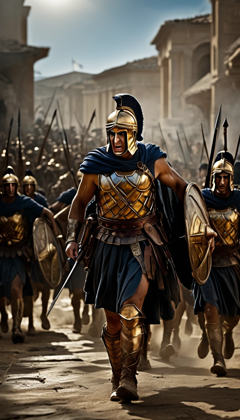An intense moment capturing the pivotal turning point of the battle, with the Greeks rallying against the Persian onslaught, background dark, hyper realistic, ultra detailed hyper realistic, photorealistic, Studio Lighting, reflections, dynamic pose, Cinematic, Color Grading, Photography, Shot on 50mm lens, Ultra-Wide Angle, Depth of Field, hyper-detailed, beautifully color, 8k, golden light from the front,
