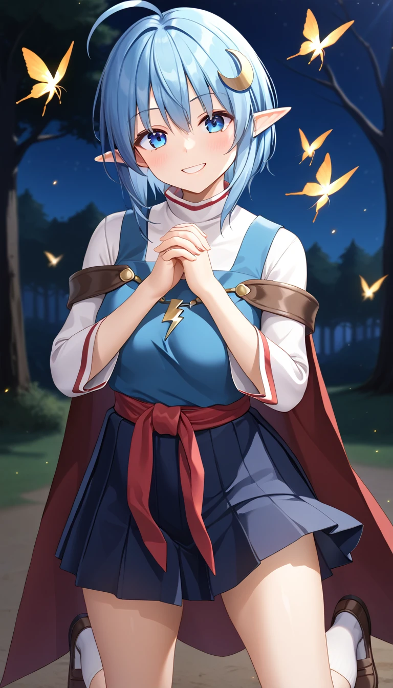 1girl, RENA LANFORD, 1GIRL, AHOGE, BLUE HAIR, SHORT HAIR, BLUE EYES, POINTY EARS
CRESCENT HAIR ORNAMENT, RED CAPE, BLUE VEST, LEATHER ARMOR, RED RIBBON, WAIST RIBBON, BLUE SKIRT, MINISKIRT, SHOES, BREAK kawaii, smile, cowboy shot, own hands clasped, forest, night, lightning bug, light particle, BREAK detailed face, smooth skin, cinematic lighting, volumetric shadow, BREAK 3D, CG illustration, score_9,