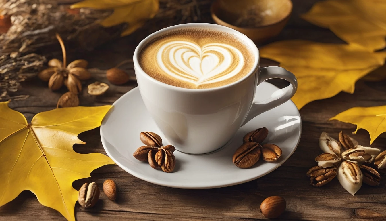 Create an image of a cozy autumn-themed setting featuring a white cup with a heart-shaped latte art on top, placed on a wooden surface. Next to the cup, there's a slice of layered cake topped with cream and banana slices. Scattered around are some whole and shelled nuts, adding to the warm and inviting atmosphere. The scene is bathed in soft sunlight filtering through yellow leaves, enhancing the golden tones of the setting.