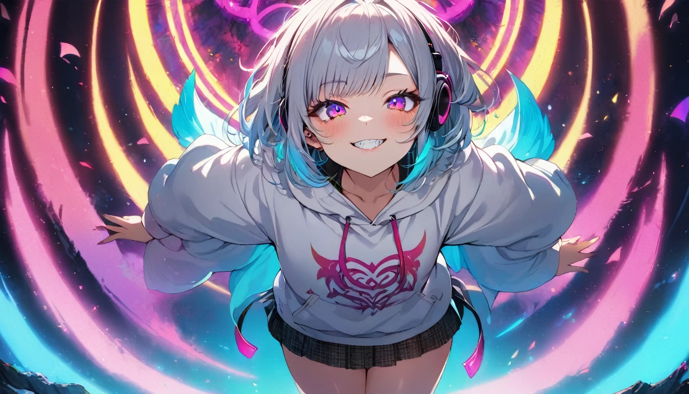 ((Masterpiece)), ((best quality)), (Anime:1.3), (super detail:1.2), (High Definition:1.3), (Professional Photography:1.3), cute young Girl, Glossy unruly hair, (loose swept bangs), (silver ash hair), medium hair, big eyes, (Eye bags:1.3), (Long eyelashes), colorful eyes, (evil smile and blush), Glossy lips, (jagged teeth), farewell, (white hoodie with oversized), mini skirt, barearms, cute, (colorful:1.3), gothic makeup, (wearing headphone), (Banishing evil spirits:1.3), neon-lit, pretty, Celtic, maniac, gazing skyward, at altar,