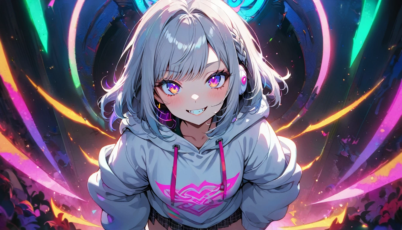((Masterpiece)), ((best quality)), (Anime:1.3), (super detail:1.2), (High Definition:1.3), (Professional Photography:1.3), cute young Girl, Glossy unruly hair, (loose swept bangs), (silver ash hair), medium hair, big eyes, (Eye bags:1.3), (Long eyelashes), colorful eyes, (evil smile and blush), Glossy lips, (jagged teeth), farewell, (white hoodie with oversized), mini skirt, barearms, cute, (colorful:1.3), gothic makeup, (wearing headphone), (Banishing evil spirits:1.3), neon-lit, pretty, Celtic, maniac, gazing skyward, at altar,