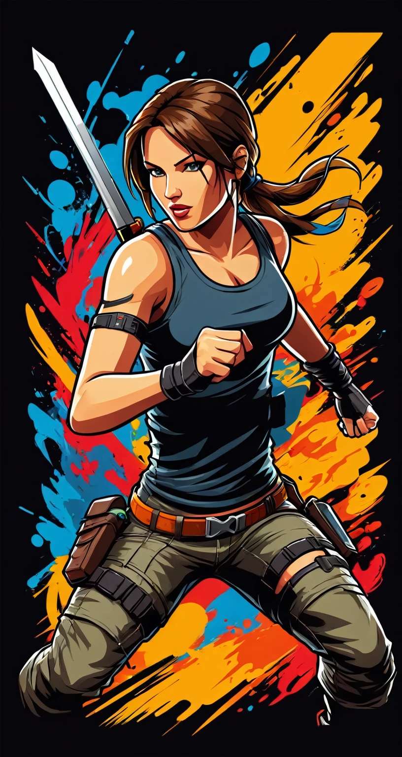 Lara Croft style fighting game, Hip-Hop Style, t shirt design, flat-colors, vectorial art, ((black backdrop)) . dynamic, Vibrant, full of action, detailed character design, reminiscent of fighting video games