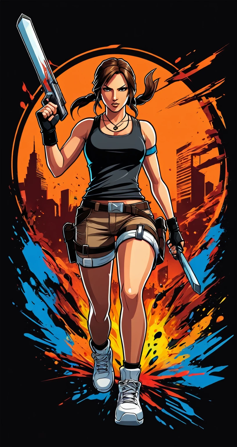 Lara Croft style fighting game, Hip-Hop Style, t shirt design, flat-colors, vectorial art, ((black backdrop)) . dynamic, Vibrant, full of action, detailed character design, reminiscent of fighting video games