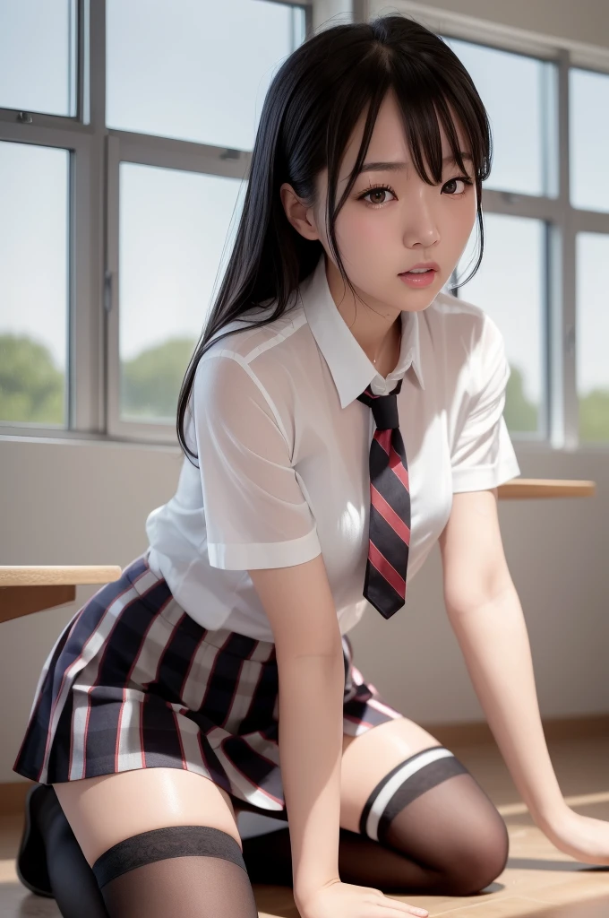 (masterpiece, best quality:1.2), a hyperrealistic , solo, 1girl, yukinoshita yukino, (shiny skin, wet skin:1.2), sweating, slight smile, looking at viewer, on all fours, , white shirt, plaid skirt, thighhighs, afternoon, classroom hyperrealistic Korean