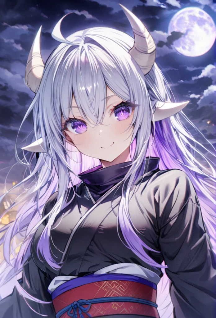 Long silver hair, Smile Tori 

, black ninja, full moon, purple eyes, white horns salute