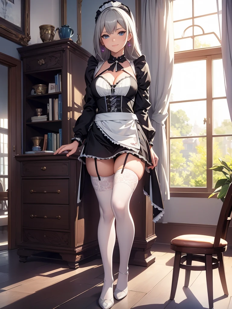 ((1girl, solo)), (((mature female))), beautiful body, (perfect anatomy, perfect body, perfect hands, perfect legs), (five fingers:1.5), natural proportions, sexy body, large breasts, cowboy shot, (legs apart:1.3) ((full body, full body front)) BREAK 

((extremely detailed face)), (beautiful detailed eyes:1.6), (realistic pupils, realistic iris:1), expressive eyes, looking at viewer, (clear eyes:1.3), (hyperrealistic:1.2), (detailed skin texture:1.2), smooth skin, (grey hair:1.5), grey eyes, long hair, ((drill hair)), earrings, (detailed lips:1.2), (attractive lips:1.1), (glossy lips:1.1), ((grin)), parted lips, perfect face, perfect eyes BREAK

maid, ((maid outfit)), maid headdress, maid apron, frills, mini dress, ((cleavage cutout)), white  collar, bow, juliet sleeves, long sleeves, ((white wrist cuffs)), zettai ryouiki, thighs, (white thighhighs:1.5), black footwear, high heels BREAK

Indoors, inside a novel house, office room, 
window, desk, bookshelf, standing clock, medieval, fantasy setting BREAK

(masterpiece:1.5), anime-style, top quality, best quality, (beautiful and aesthetic:1.2), (ultra detail:1.5), Ultra-detailed depiction, Ultra-precise depiction, extremely detailed 8k illustration, high resolution, (highly detailed shading:1.2), (realistic lighting:1.4), perfect lighting, vibrant colors, dynamic tones, striking hues, 8k, absurd resolution, perfect shadows, hdr, UHD, ambient lighting, realistic, ultra-realistic, photo realistic, highly detailed, rich detail, luminous colors, fine texture, intricate design, professional illustration, (soft light:1.2), (illustration:0.7)