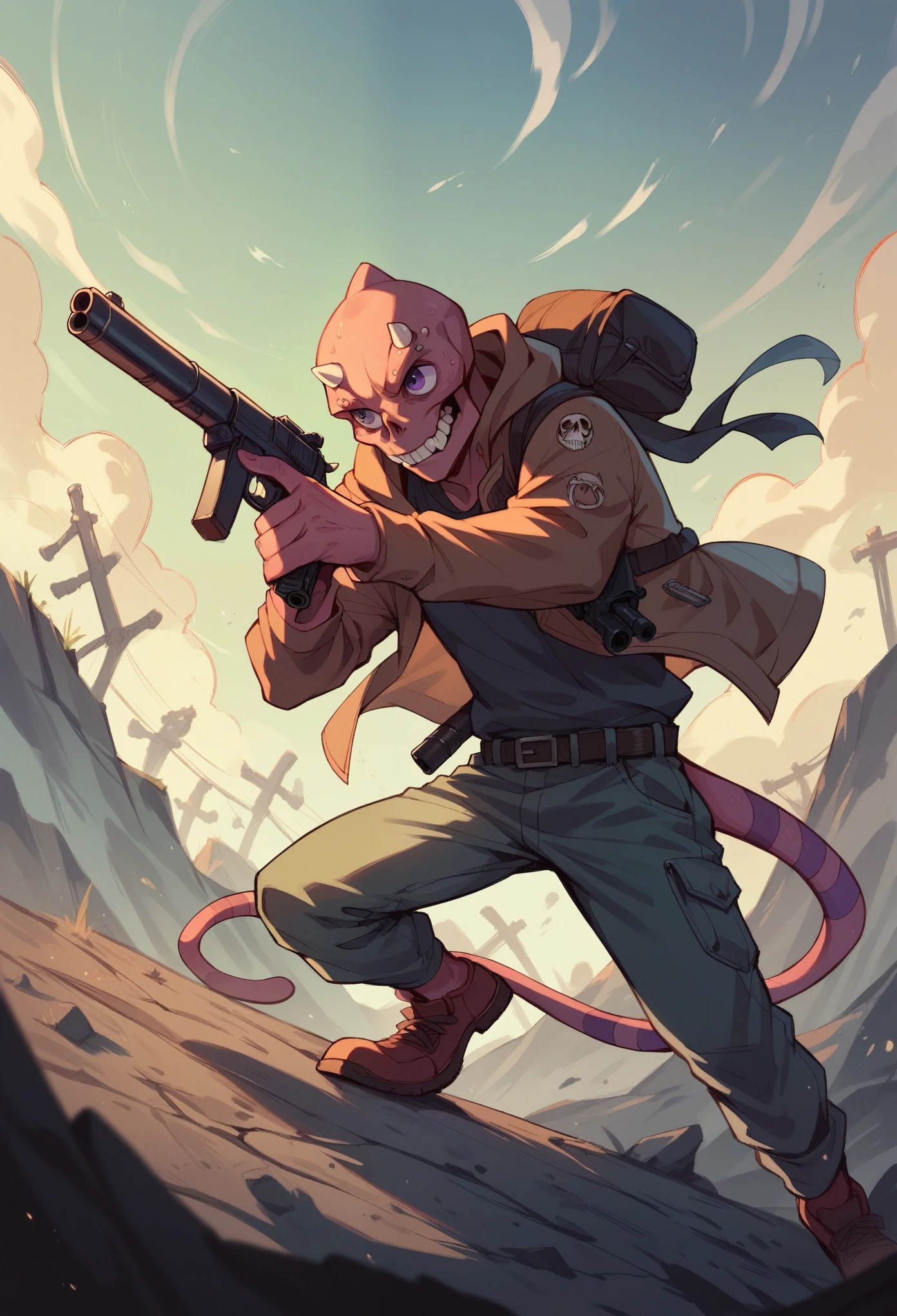 Skeleton chameleon holding a gun