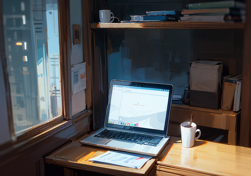 A girl looking at a laptop with a cup of coffee in a room at night