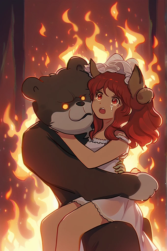 ((Лучшее качество)), ((шедевр)), (подробный), 1 fox girl,1 bear guy, long red hair, voluminous fluffy hair, fox ears, neko, gray eyes , tears, screams , tantrum, medium chest, (medium chest:1.3), in a white dress, sitting on his knees, holding , hugging a guy to himself, tears , hysteria, background burning forest , fire, fire, guy , guy neko , bear ears brown hair, bright red eyes, holy eyes, covers a girl from the fire
