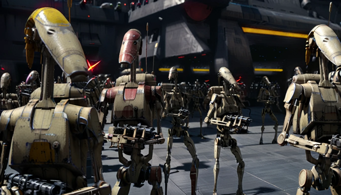 The background is blurred、(Masterpiece、８ｋ、Very detailed and well written、Is being rendered、UE5.0、Best lighting and shadows)、Respect for the original、ＣＧwork、Photorealistic、Beautifully aligned、(An army of black-painted modified B1 droids for the Galactic Empire)、Standby、Vision、Coruscant spaceport、Star Wars universe、unmanned