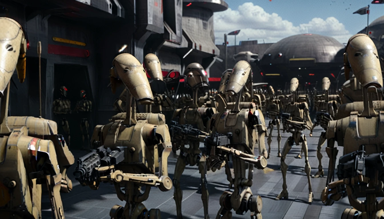 The background is blurred、(Masterpiece、８ｋ、Very detailed and well written、Is being rendered、UE5.0、Best lighting and shadows)、Respect for the original、ＣＧwork、Photorealistic、Beautifully aligned、(An army of black-painted modified B1 droids for the Galactic Empire)、Standby、Vision、Coruscant spaceport、Star Wars universe、unmanned